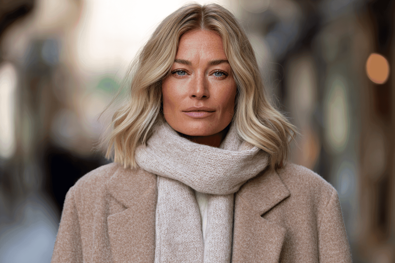 Woman wearing a beige coat and scarf for winter.