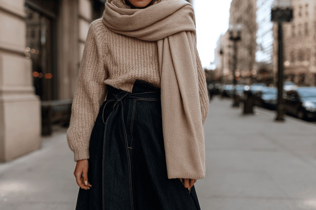 Woman in a long denim skirt, knit sweater, and scarf in winter