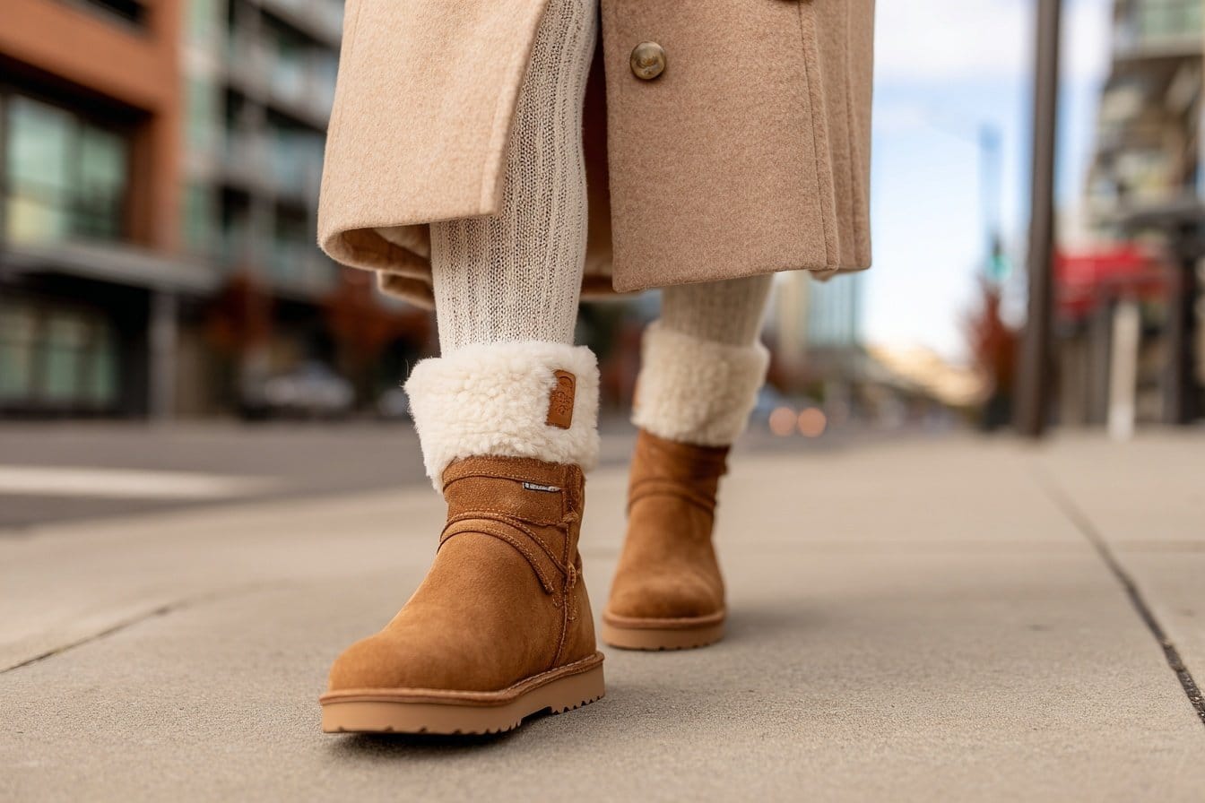 Nahaufnahme von braunen Ugg Boots mit Strickleggings und beigem Mantel