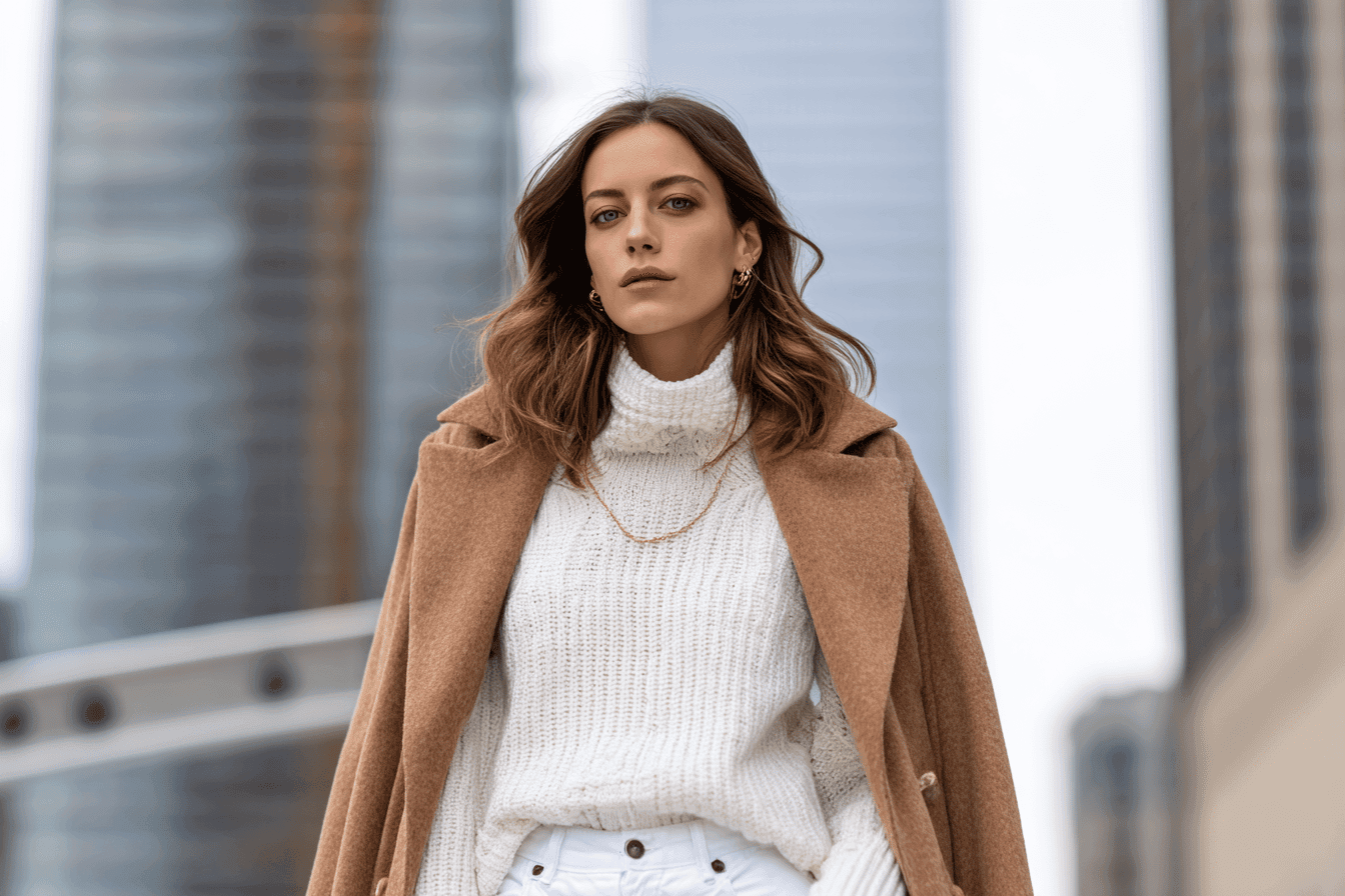 Woman wearing a white jeans outfit with a thick knit sweater and beige coat.