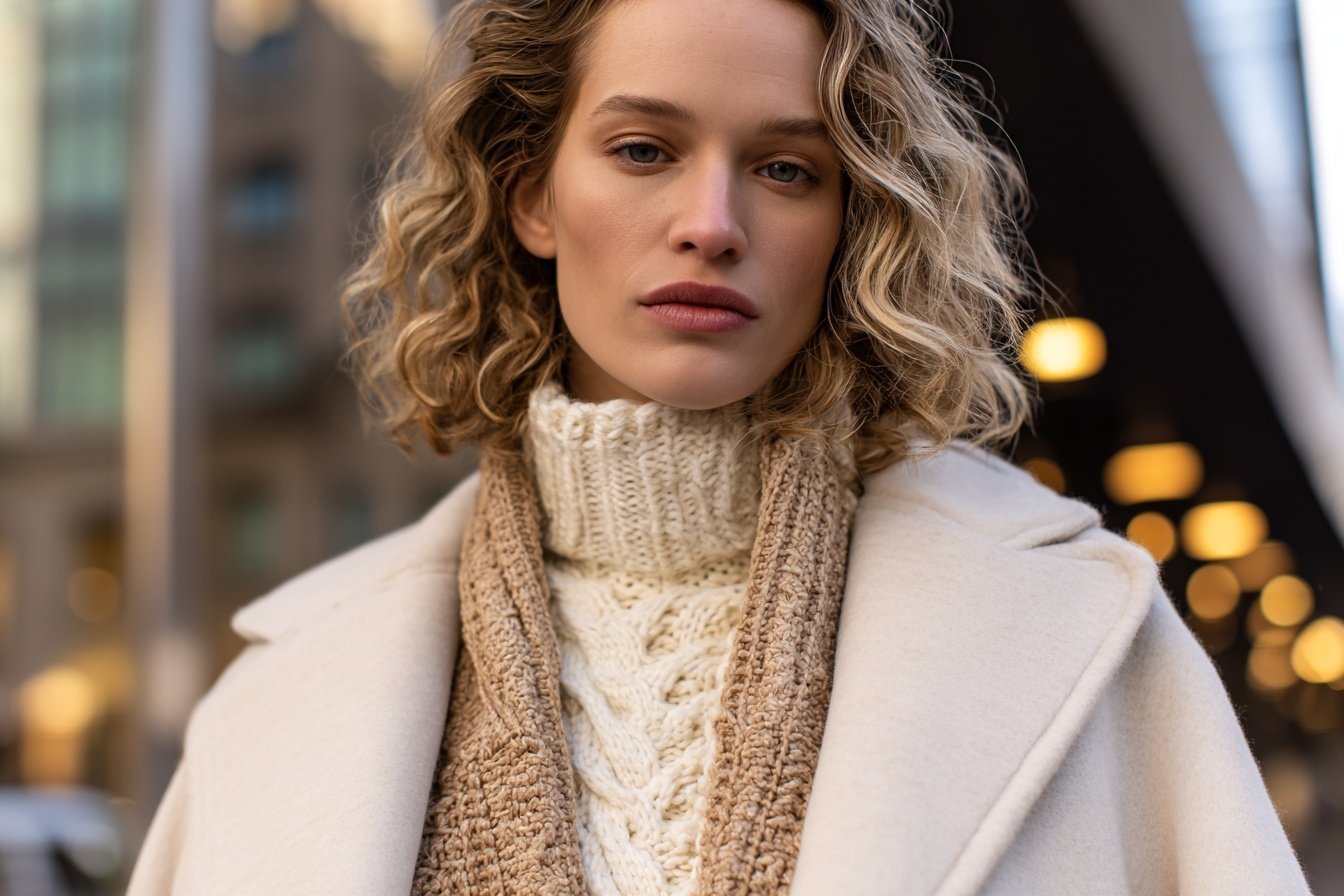 Woman wearing a beige coat with a knitted sweater and scarf