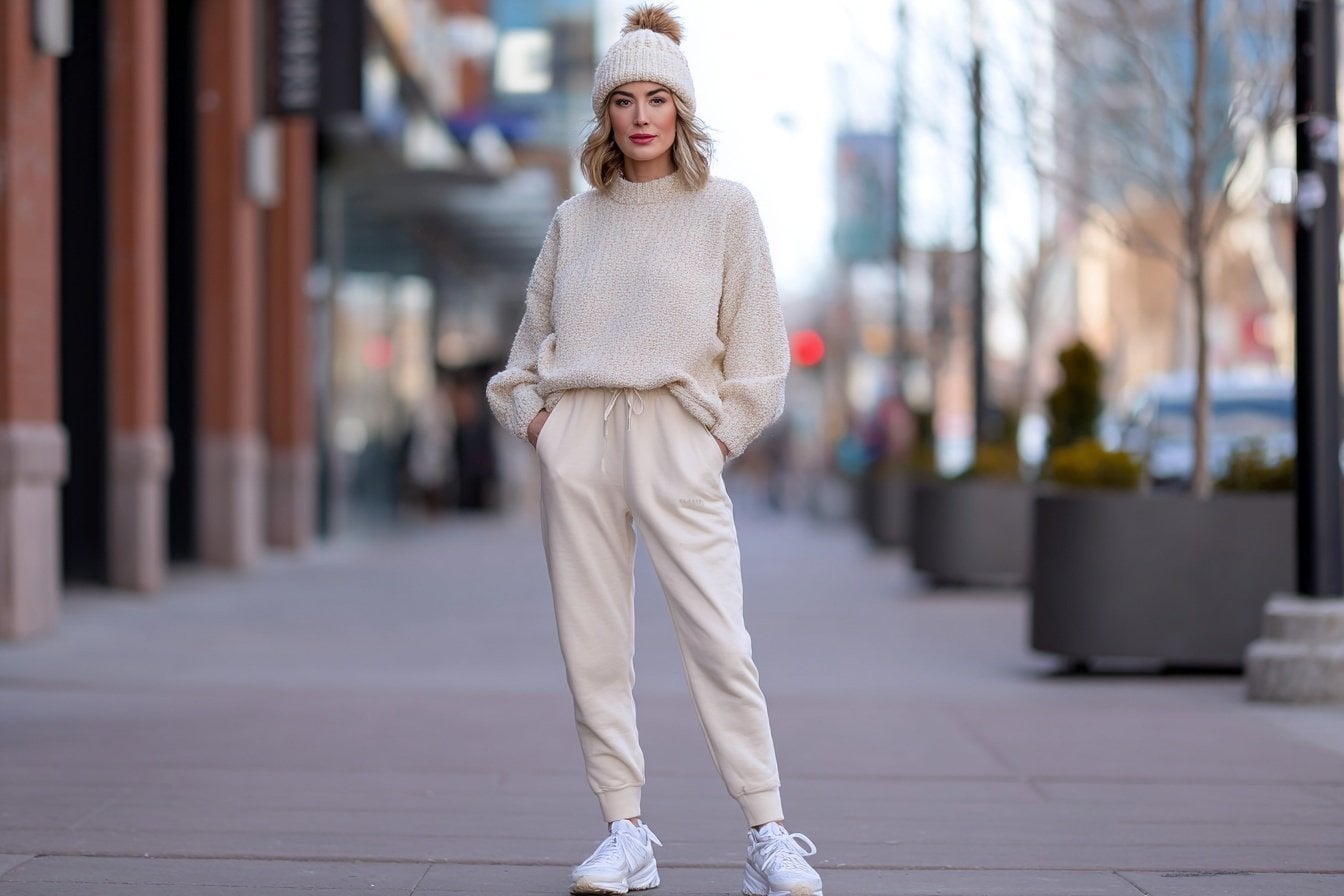 Frau trägt weißes Joggers Outfit mit Mütze im Winter